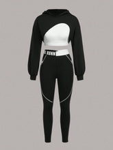 Two Tone Contrast Letter Tape Drop Shoulder Hoodie & Leggings Set