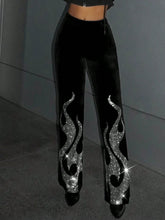 Rhinestone Fire Pattern Flare Leg Pants