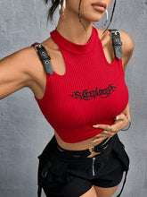 Grunge Buckle Strap Decorated Red Hollow Out Shoulder Cropped Tank Top