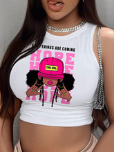 Cartoon Character & Slogan Graphic Cropped Casual Round Neck Fitted Tank Top
