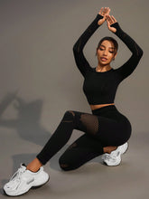 Solid Color Crew Neck Long Sleeve Cropped T-Shirt And Mesh Contrast Legging Sports Set