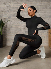 Solid Stand Collar Long Sleeve Mesh Contrast Top And Sweatpants Set