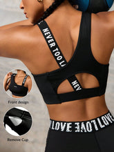 Letter Print Color Blocking Hollow Asymmetric Neck Sports Bra