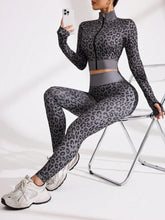 Leopard Print Zip-Up Stand Collar Long Sleeve Crop Top & Leggings Set