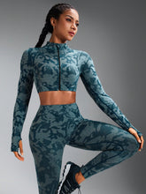 Elastic Seamless Front Zipper Cropped Top And Leggings Sports Set
