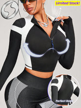 Color Block Zip-Up Cropped- Long Sleeve Sports Sweatshirt