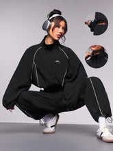 Contrast Trim Drawstring Hem Jacket With Long Pants Activewear Set