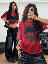 Goth Letter Printed Mesh Black And Red Top
