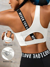 Letter Print Color Blocking Hollow Asymmetric Neck Sports Bra