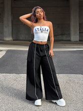 Elastic Waist Contrast Trim Wide Leg Cargo Pants