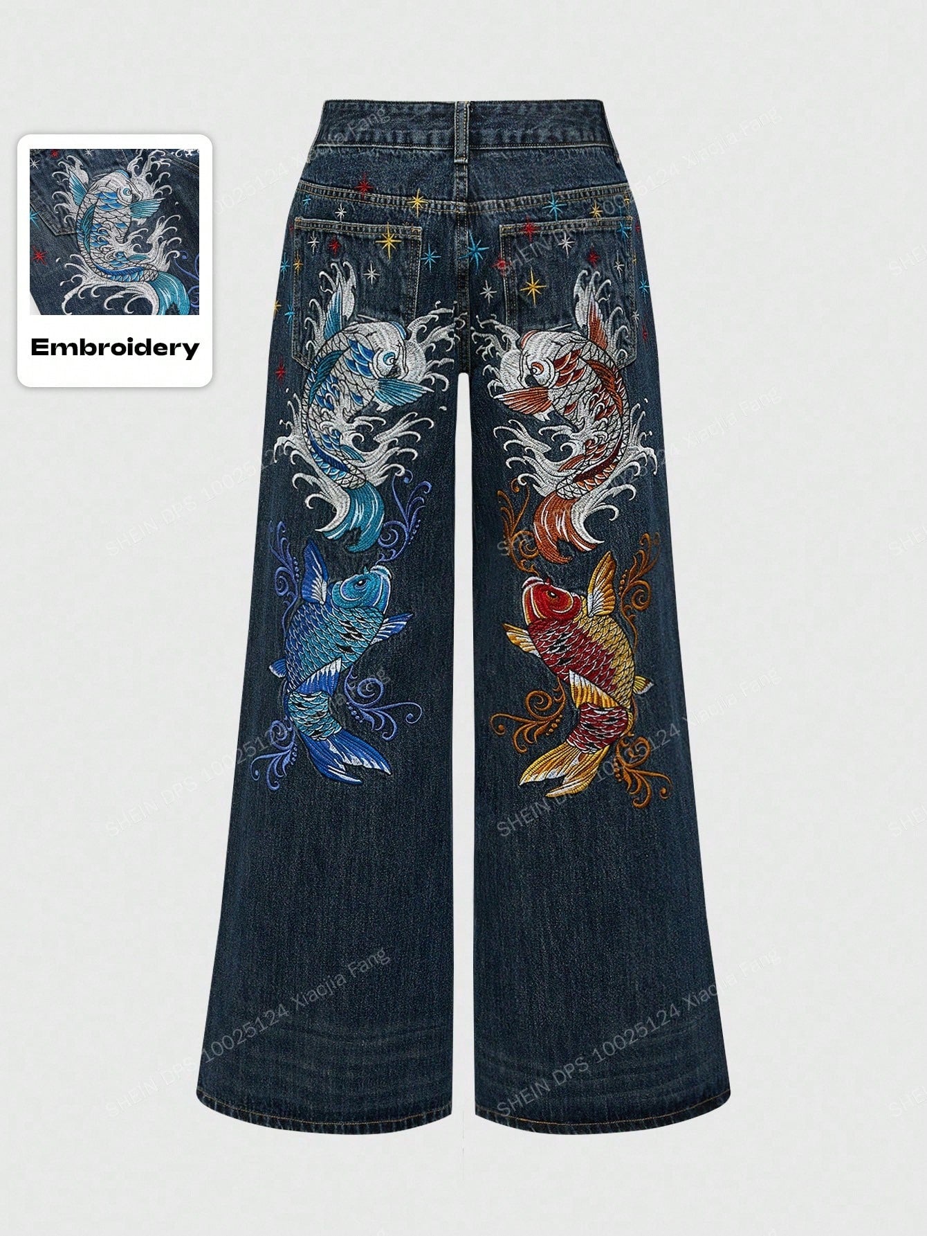 Retro Hip Hop Subculture Carp Floral Embroidery Wide-Leg Jeans