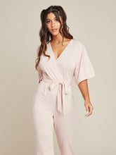 Wrap Style V Neck Straight Leg Jumpsuit with Short Sleeves FD