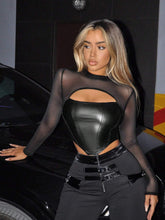 PU Mesh Cut Out Front Asymmetrical Hem Crop Tee SS24