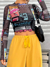 Newspaper Print Lettuce Trim Crop Mesh Top - ED