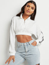 Drop Shoulder Checked Pattern Crop Sweatshirt with Half Zip