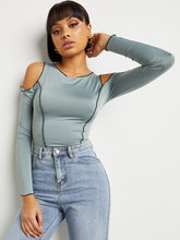 Cold Shoulder Exposed Seam Detail Fitted T-shirt