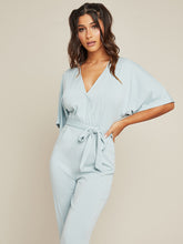 Wrap Style V Neck Straight Leg Jumpsuit with Short Sleeves FD