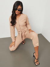 V Neck 3/4 Sleeves Straight Leg Jumpsuit with Placket Detail FD