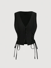 Retro Vintage Crossed Frenulum Drawstring Side Crop Tank Top SS24- FD