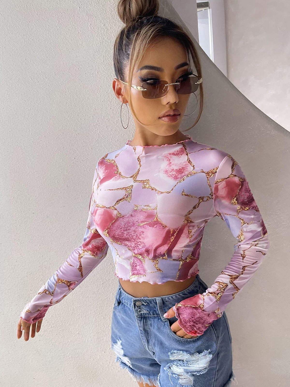 Lettuce Trim Marble Print Mesh Top SS24 - FD