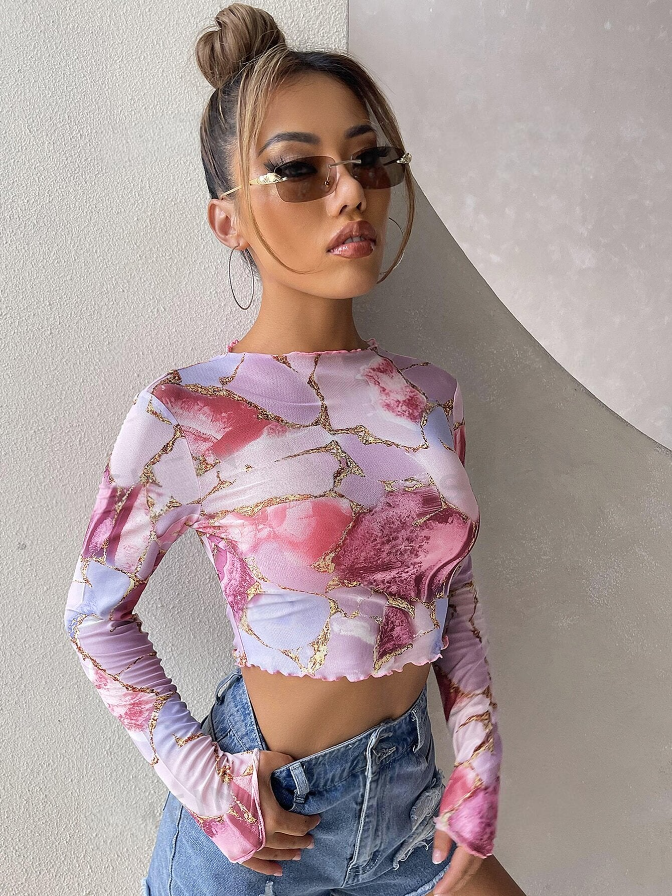 Lettuce Trim Marble Print Mesh Top SS24
