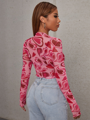 Heart Print Crop Mesh Heart Tights Top SS24