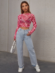 Heart Print Crop Mesh Heart Tights Top SS24
