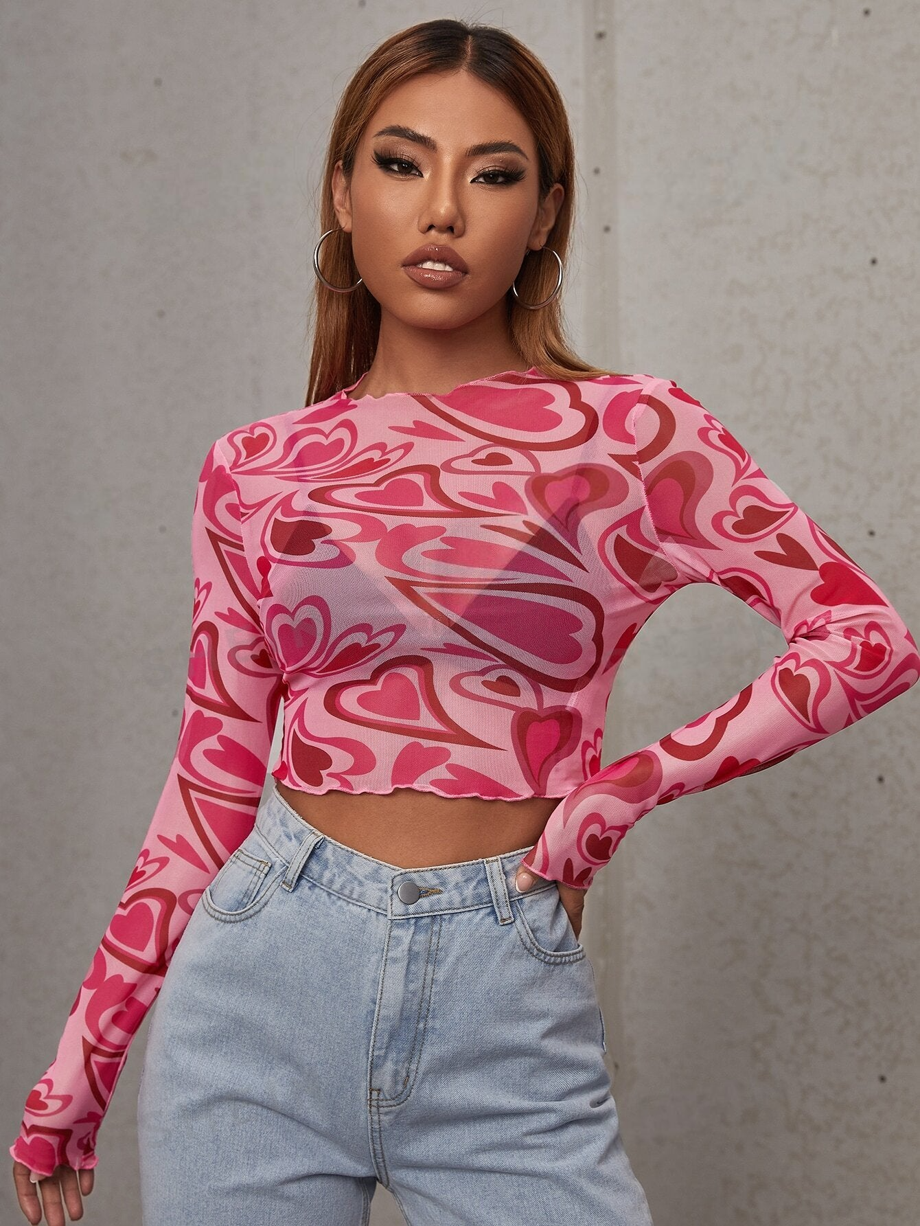 Heart Print Crop Mesh Heart Tights Top SS24 - FD