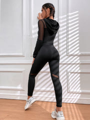 Mesh Panel Drawstring Hooded Top & Tummy Control Leggings Workout Set