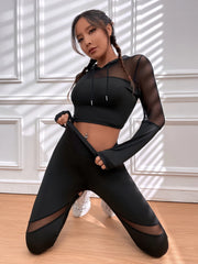 Mesh Panel Drawstring Hooded Top & Tummy Control Leggings Workout Set