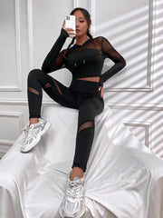Mesh Panel Drawstring Hooded Top & Tummy Control Leggings Workout Set