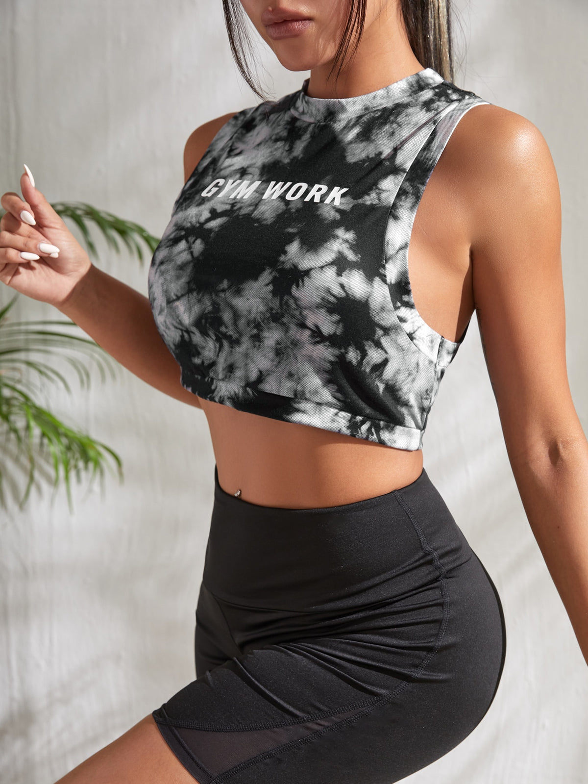 Mock Neck Letter & Tie Dye Print Crop Sports Tee - ED