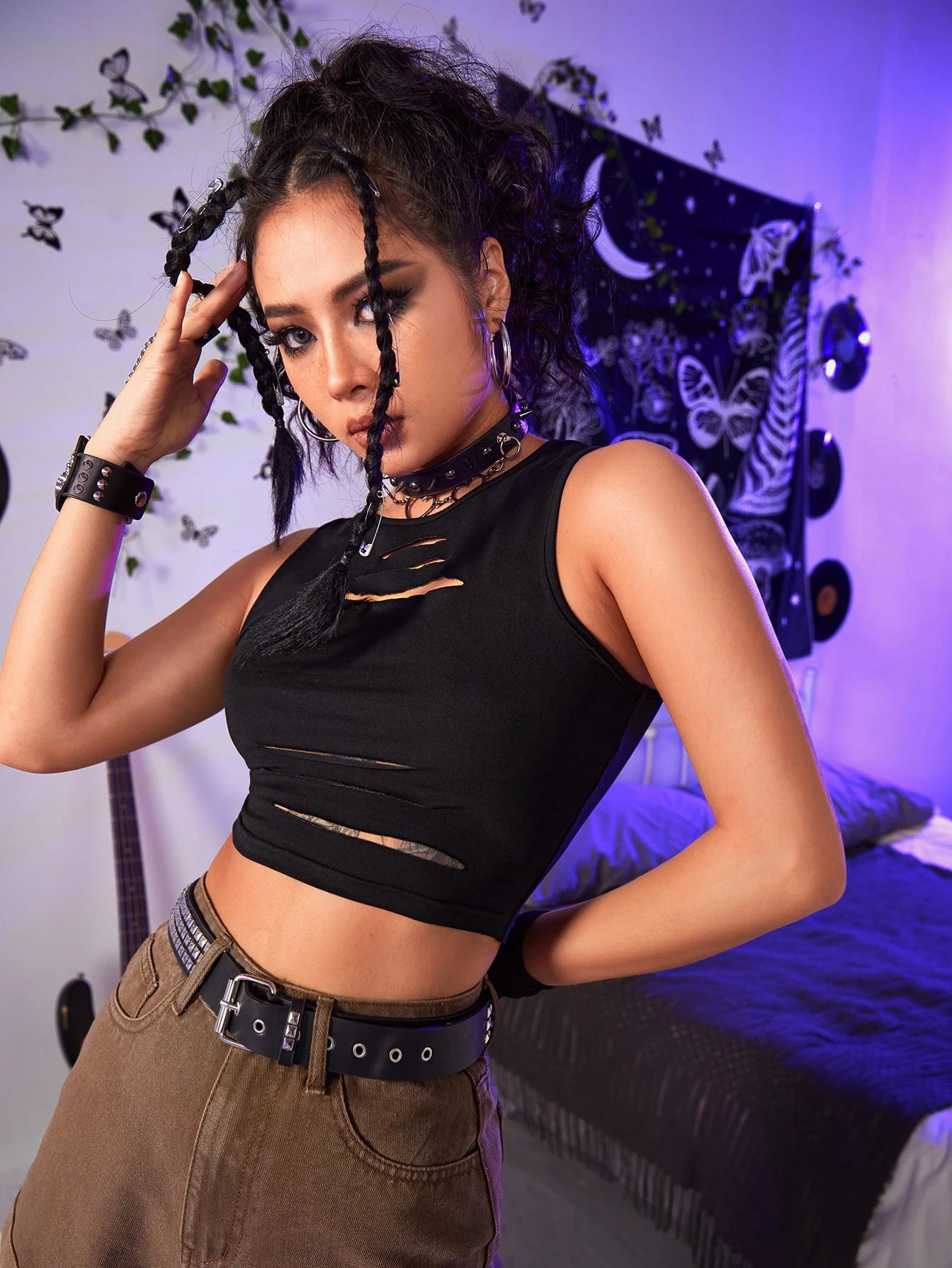 Grunge Punk Solid Cut Out Crop Tank Top