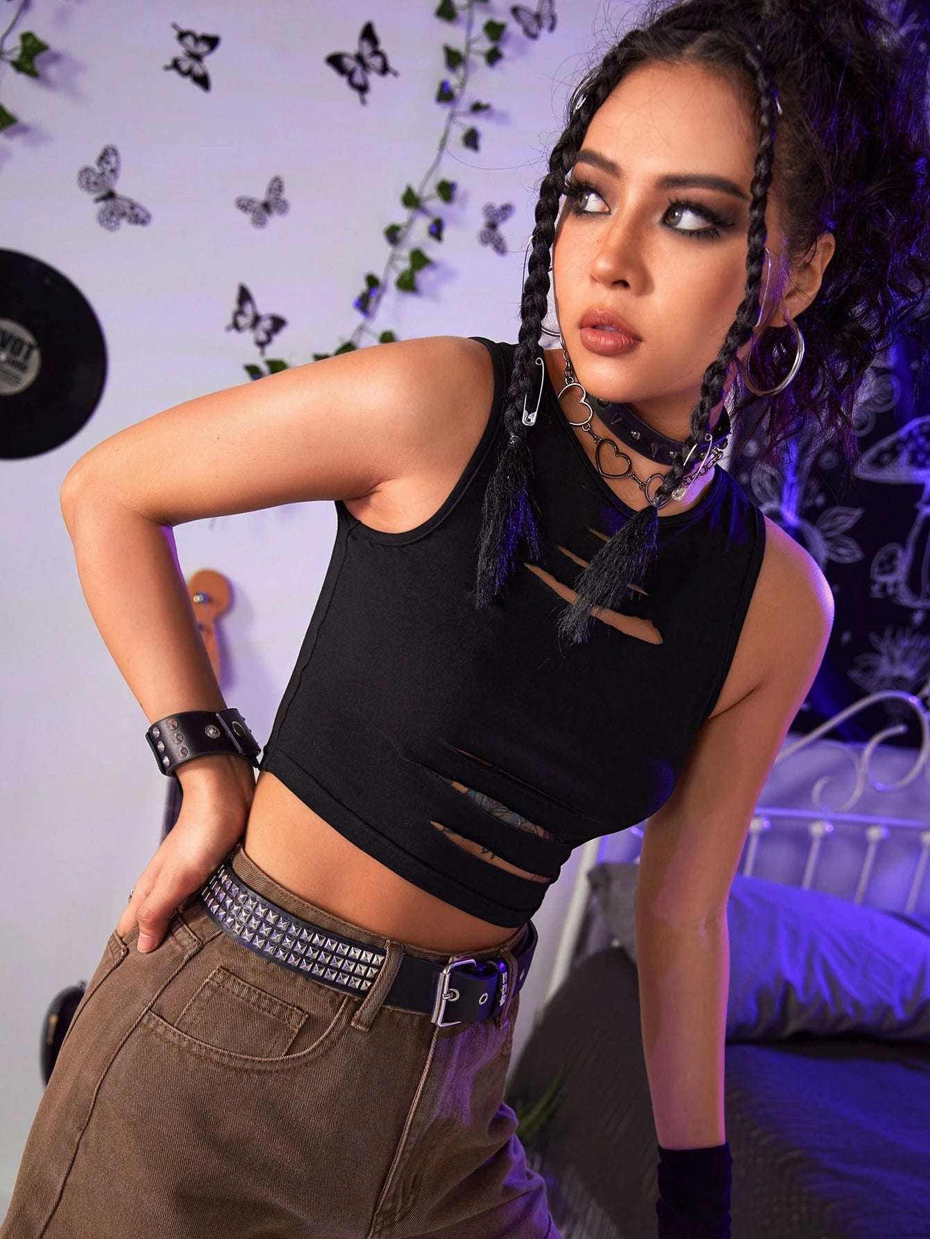 Grunge Punk Solid Cut Out Crop Tank Top