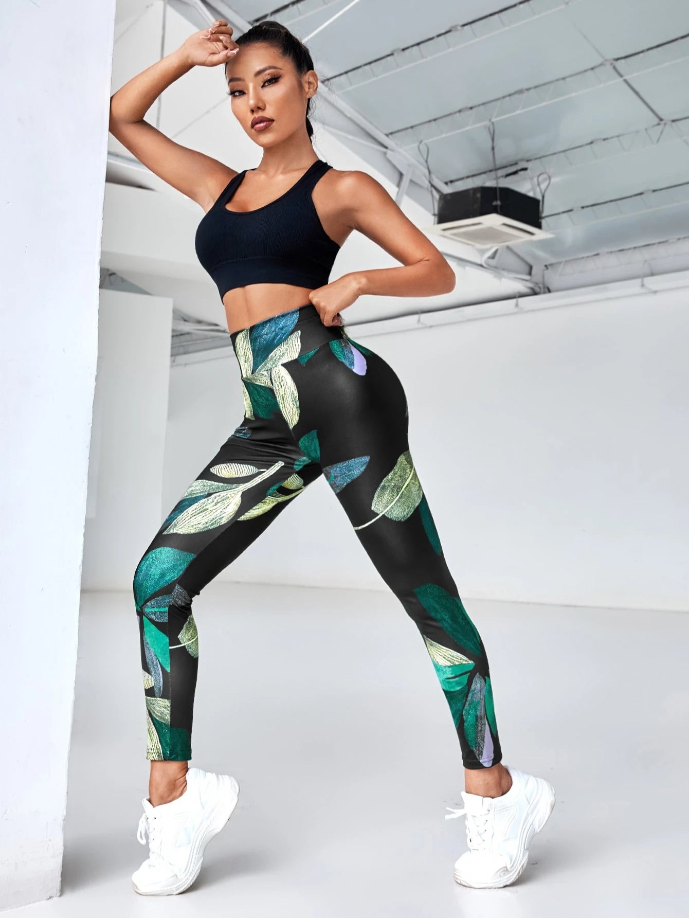 Tropical Print Wideband Waist Sports Leggings