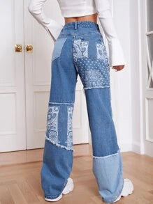 Paisley Print Patchwork Print Jeans