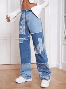 Paisley Print Patchwork Print Jeans