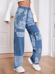 Paisley Print Patchwork Print Jeans
