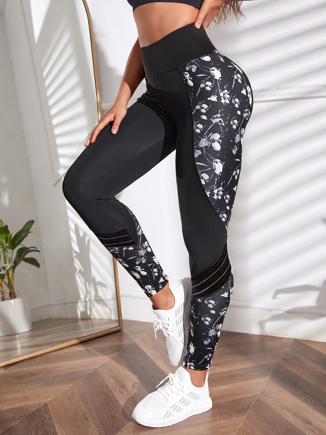 Floral & Striped Panel Yoga Leggings
