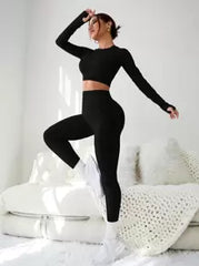 Seamless Cut Out Back Thumb Holes Crop Tee Yoga Set