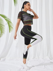 Colorblock Contrast Binding Sports With Phone Pocket Workout Set