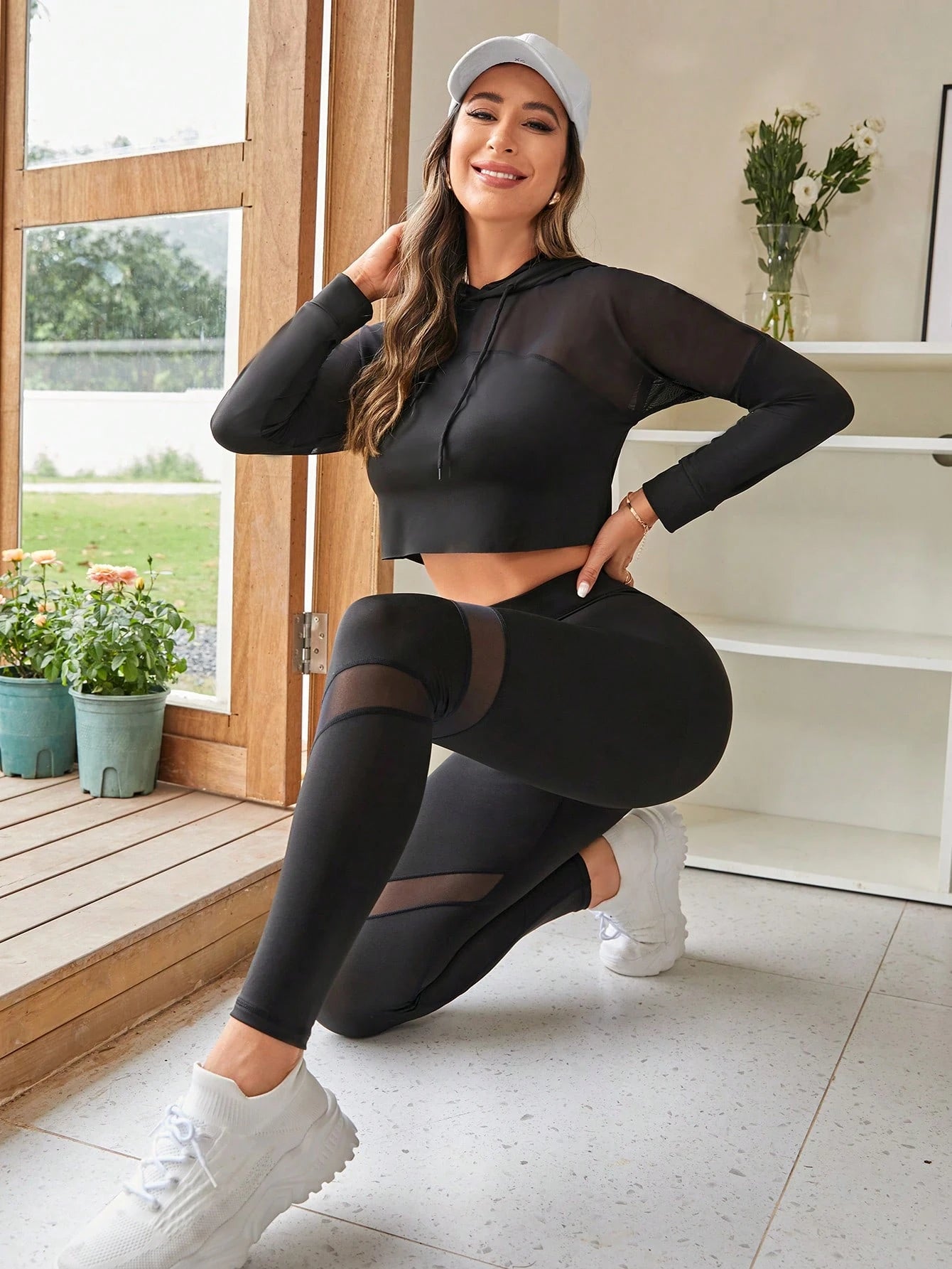 Contrast Mesh Drawstring Hooded Crop Sports Workout Leggings Set