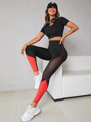 Two Tone Mesh Insert Top-stitching Wideband Waist Sports Leggings