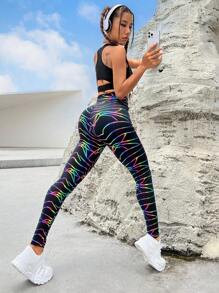 Allover Print Wideband Waist Sports Leggings