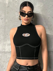 Graphic Print Top-Stitching Crop Black Tank Top