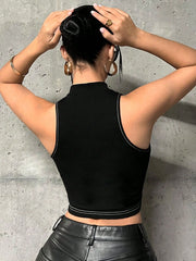 Graphic Print Top-Stitching Crop Black Tank Top