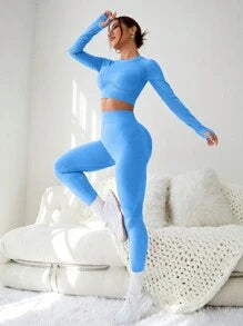 Seamless Cut Out Back Thumb Holes Crop Tee Yoga Set