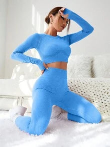 Seamless Cut Out Back Thumb Holes Crop Tee Yoga Set