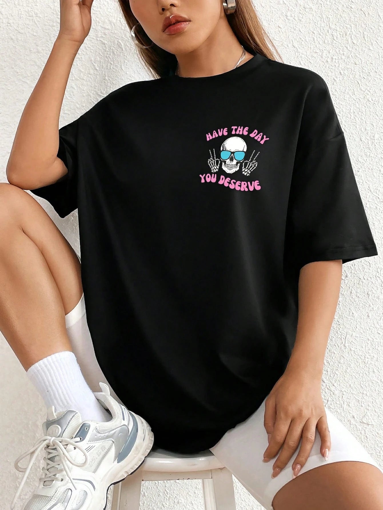Halloween Skull Slogan Graphic Drop Shoulder Tee