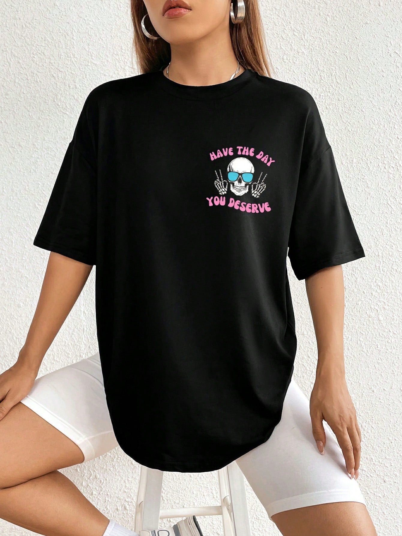 Halloween Skull Slogan Graphic Drop Shoulder Tee